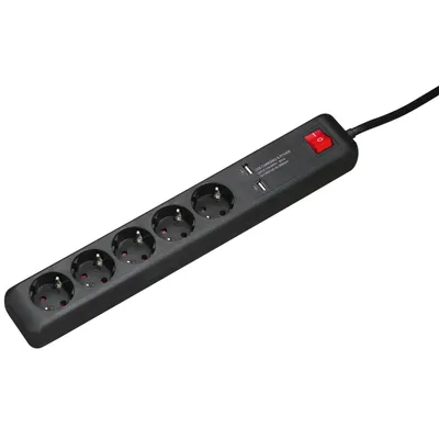 Produktbild von Hama USB 3A, 5 AC-Ausgänge, 16 A, 3500 W, 1,5 m, Schwarz, 370 mm