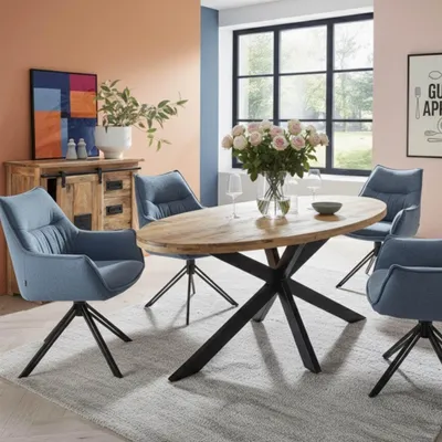 Produktbild von Möbelset Massivholztisch Avola, 4er Set Diningsessel Ginosa blau