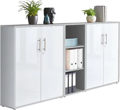 Produktbild von Aktenschrank TABOR 8 in lichtgrau / weiß Hochglanz, Schrankwand, Büroschrank, abschließbar, Metallgriffe