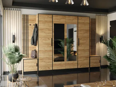 A modern entryway with a large wardrobe, a bench, and decorative elements.
