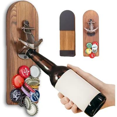 Immagine prodotto di Apertiscatole da parete con contenitore, apribottiglie vintage in legno, magnetico, con contenitore