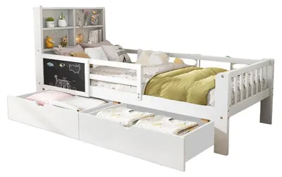 Imagen del producto de Cuna de 90x200 cm, color blanco, fabricada en madera maciza y MDF, con cajones, barandilla y somier, ideal para habitaciones infantiles o dormitorios