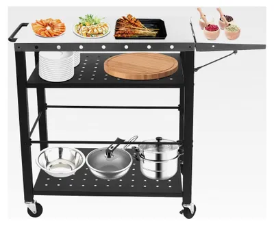 Produktbild von 4 Etagen Grillwagen mit klappbarem Beistelltisch, rollbarer Esstisch für die Lebensmittelzubereitung, Grilltrolley mit Rädern