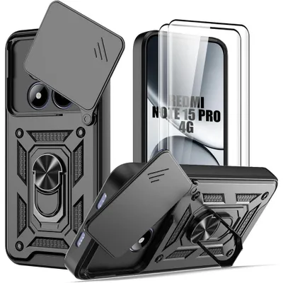 Image de Coque + 2 Verres Trempés pour Xiaomi Redmi Note 15 Pro 4G, avec Anneau et Protection Caméra - Noir