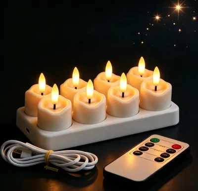 Produktbild von 8 Stück LED Teelichter mit Fernbedienung und Timerfunktion,Wiederaufladbare Kerzen mit USB-C Ladestation,Flammenlose Teelichter Set für Partys