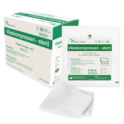 Produktbild von Vlieskompressen, Kompressen steril 50 Stück, Wundauflage nicht haftend 4 Lagen 7.5 x 7.5cm