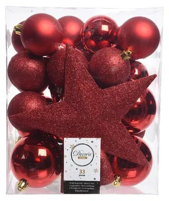 Produktbild von Kunststoff Weihnachtskugeln Set Weihnachtsbaum Deko rot 33 Stück mit Spitze