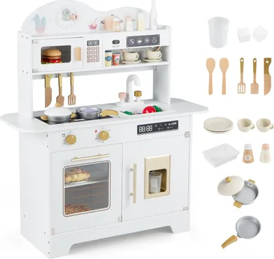 Immagine prodotto di COSTWAY Cucina per bambini, cucina giocattolo in legno con 17 accessori, cucina giocattolo con forno, gelatiera, microonde e fornello, cucina in legno per bambini dai 3 anni in su, bianca