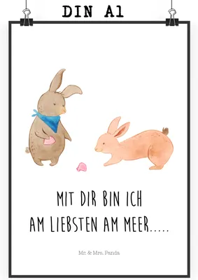 Produktbild von Mr. & Mrs. Panda Bild Hasen Muschel DIN A1 - Weiß - Geschenk, drucke, Kunstdruck, Meer, Wandschmuck, Wandbild, BFF, Strand, Muttertag, wanddeko