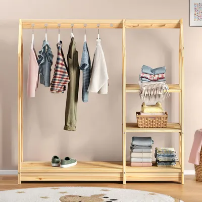 Produktbild von Kinder Kleiderständer SALLY, natur - Kinderzimmer Schrank Hausform, offener Kleiderschrank nach Montessori aus Kiefer mit 7 Löchern für Kleiderbügel, 4 Ablageböden, Garderobenständer