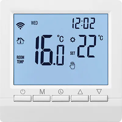 A digital thermostat display with various icons and temperature readings.