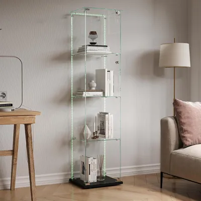 Immagine prodotto di Vetrina espositiva con illuminazione a LED, 4 ripiani in vetro, chiudibile a chiave, colore nero
