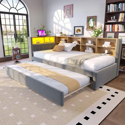 Image de Flieks Lit de jour Canapé-lit 90x200cm avec lit gigogne, lit rembourré Canapé-lit avec fonction de chargement & LED, lit simple en bois Daybed, velours, gris foncé