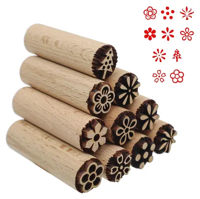 10 Holzstempel 5x1,5 cm für Ton, Keramik & Basteln