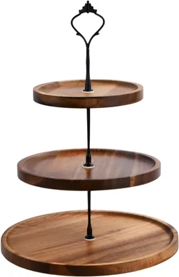 Image de Étagère en bois à 3 niveaux, présentoir à gâteaux avec poignée en métal, présentoir à cupcakes et à gâteaux, plateau de service pour desserts, fruits, anniversaires, goûters, fêtes et mariages