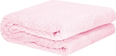 A folded pink blanket with a textured pattern, presented on a white background.