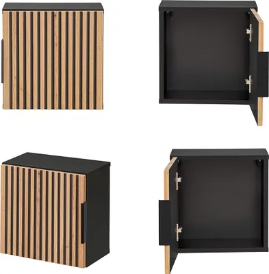 A collage of four images showing a cabinet from different angles, with two images showing the cabinet closed and two showing it open.