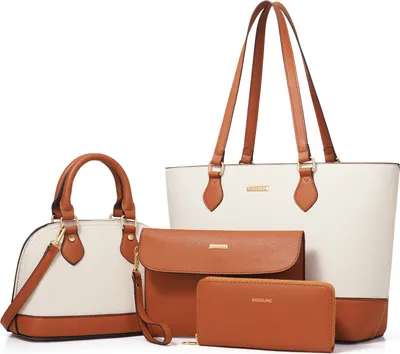 Produktbild von MODFU 4 tlg Umhängetasche Schultertasche mit Reißverschlüsse Shopper Tasche ,Handtasche Groß Schultertasche Kunstleder, Braun+Weiß