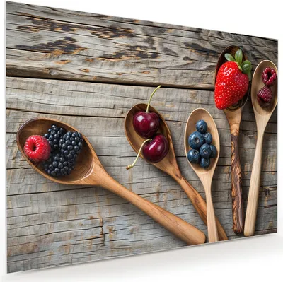 Produktbild von Glasbild 120x90cm in XXL für Wohnzimmer, Schlafzimmer Motiv Holzlöffel mit Beeren