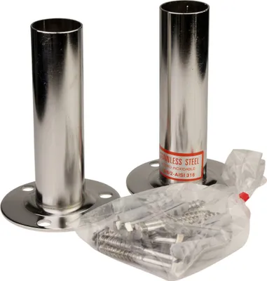 Two stainless steel pole mounts with a bag of screws on a white background.
