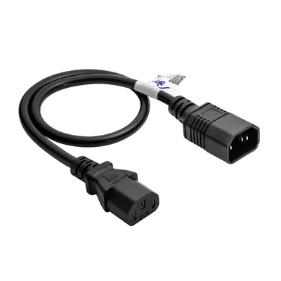 A black power cord with two connectors, laid out in a curve against a white background.