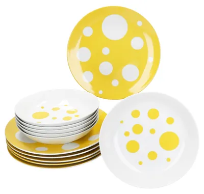 Zdjęcie produktu dla Pula żółte kropki 12szt serwis obiadowy porcelana 6 osób talerz obiadowy talerz do zupy w kropki