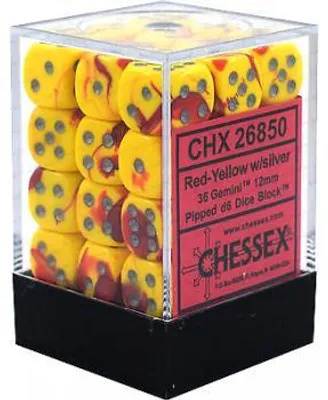 Image de Chessex Gemini 12mm dés d6 en blocs avec points (36 dés) - Rouge-Jaune avec argent