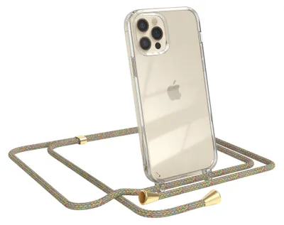 A clear phone case with a colorful lanyard attached to it, shown against a white background.