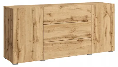 Zdjęcie produktu dla Nowoczesna komoda 150 cm stojąca, 3 szuflady i 2 szafki, Dąb wotan