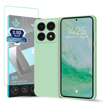 Produktbild von Hülle für Xiaomi 14T Pro mit 9H Displayglas Displayschutz Case Cover Bumper Smartphone Softgrip Schutzhülle Farbe: Türkis