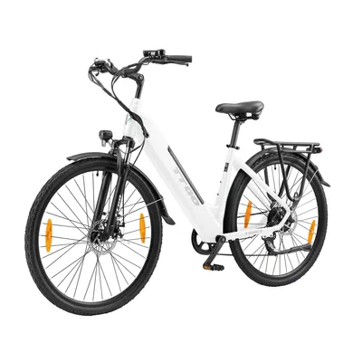 A white electric bicycle is shown against a white background.