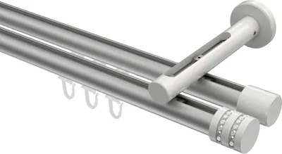 Produktbild von Interdeco Innenlaufstange / Gardinenstange mit Innenlauf Silbergrau / Weiß, Typ Siteno Estana (Glitzerkappe), 20 mm Ø 2-läufig, 120 cm