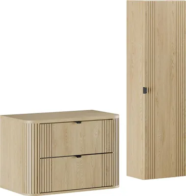 Produktbild von Badmöbel-Set 2-teilig mit Waschtischunterschrank 80 cm und Hochschrank in Eiche, gerillt - OLIVA-56