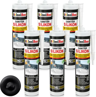 Produktbild von Isolbau Sanitär Silikon 6 x 300 ml Schwarz - Hochelastischer Silikon-Dichtstoff für Abdichtungen & Fugen – Schimmelresistent, wasserdicht -  Kartusche