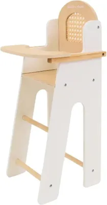 Produktbild von Bandits & Angels Puppenstuhl aus Holz, weiß mit Rattan – Puppenstuhl aus Holz – Geeignet für Puppen bis 42 cm – Verstellbare Plattform – Puppenmöbel