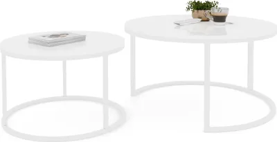 Produktbild von Idohome - Runder Couchtisch 2in1 LAVO mit Metalgestell, 80x48 cm+60x42 cm (Ø x H) Farbe: Weiß / Weiß Hochglanz