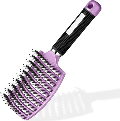 Image de Brosse à cheveux professionnelle en poils de sanglier avec manche, pour cheveux longs, fins, épais, bouclés - Brosse démêlante