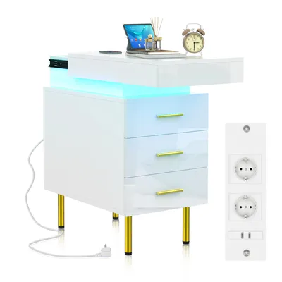 Produktbild von Nachttisch Beistelltisch mit 3 Schubladen und Gold Metallbeinen 67.5x55x35cm für Schlafzimmer Wohnzimmer Familie