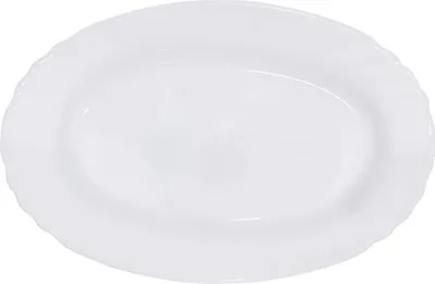 A white oval plate with a decorative rim is shown from a slightly elevated angle against a white background.