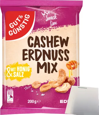 Produktbild von Gut & Günstig Cashew-Erdnuss-Mix mit Honig und Salz lecker karamellisiert (200g Packung) + usy Block