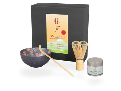 Produktbild von Matcha Set / Matchaset / Matcha Schale 250ml, anthrazit/rot, mit Besen/Löffel/Tee in Geschenkbox