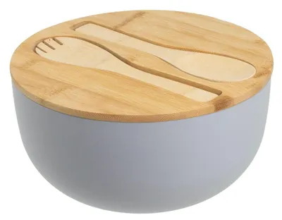 Produktbild von Große Salatschüssel mit Bambusdeckel und Servierbesteck