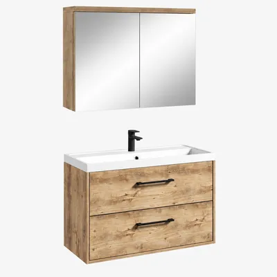 Image de Badplaats Meuble de Salle de Bain Florence 80 x 40 cm - Chêne Châtaignier - avec Vasque et Armoire de Toilette