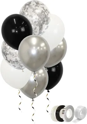 Produktbild von Ballon-Set mit Konfetti, 40 Stück, Silber Schwarz Weiß, für Partydekoration