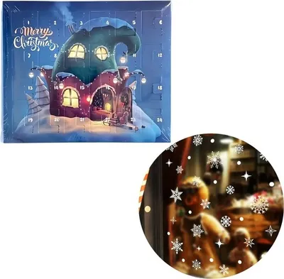 A collage showing a Christmas advent calendar and snowflake window stickers.
