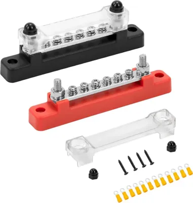 Produktbild von Sammelschiene 12V-48V DC Sammelschienen Verteilerblock 150A Busbar Stromverteilungsblock mit 6 x M4 Klemmenbolzen für Auto LKW Yacht Boot Rot Schwarz 2 Stück