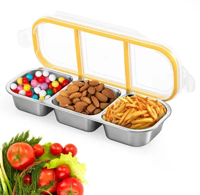 Produktbild von Snackbox aus Edelstahl mit Fächern, auslaufsicherer Snackbehälter mit Fächern, spülmaschinenfest, Lunchbox für Kinder, Boxen zur Essenszubereitung, Bento-Box aus Edelstahl mit Deckel für Schule, Arbeit und Camping