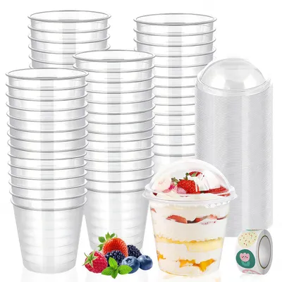 Dessertbecher 50 Stück, 360 ml, rund, transparent, mit Deckel & Gabeln