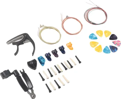 Productafbeelding van Set met accessoires voor gitaristen: stemapparaat voor snaren, metalen snaren, brugpennen, capo en plectrums