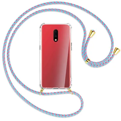 Produktbild von Handykette Backcover-Schutzhülle mit Band (Metall goldfarben) für OnePlus 7 - pink/mint
